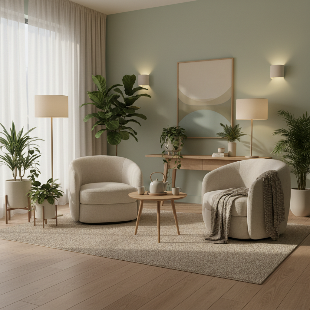 Two cream-colored armchairs sit around a small wooden coffee table on a woven rug in a brightly lit, plant-filled living room.