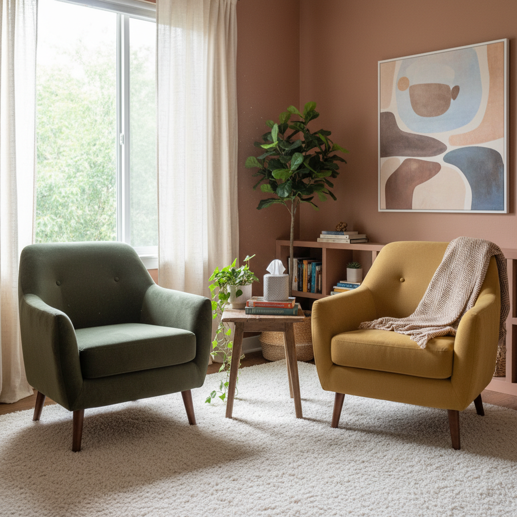 A modern living room features a green armchair and a yellow armchair with a throw blanket, separated by a small wooden side table with a tissue box and a plant, against a terracotta-colored wall with a large abstract painting and a window with white curtains.